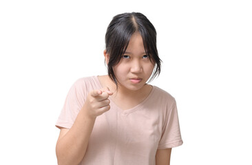 girl wonder or doubt and point finger isolated on white background, emotion concept