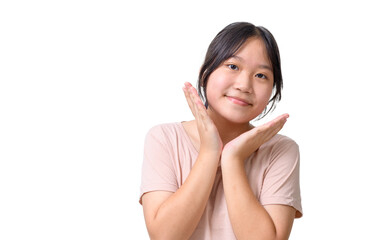 Asian girl raising hands and smile isolated on white background, cute girl