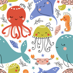Cute nautical pattern with swimming sea animals - whale, octopus, stingray, sea turtle, crab. Funny seamless vector print hand drawn in doodle style for kids textile, wallpaper