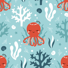 Cute summer print with baby octopus swimming underwater. Seamless vector pattern - funny sea animals, seashells, plants hand drawn in simple doodle style for kids clothing, wrapping paper