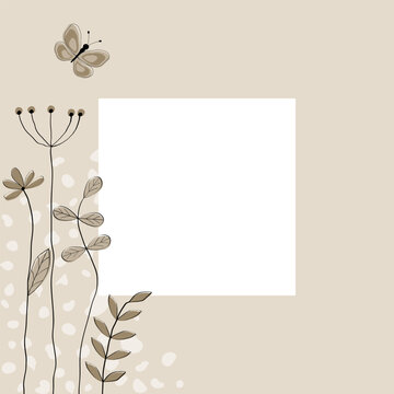 Quadratische Vektorgrafik mit Blumen und Schmetterling in Sandtönen. Freier Platz für Text. Vorlage für Einladungen, Grußkarten, Social Media Posts und Marketing.