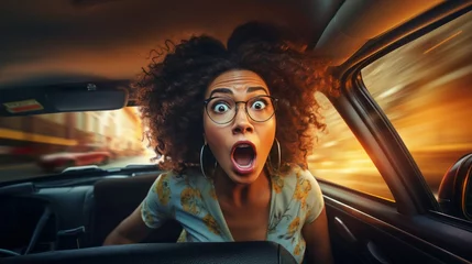 Deurstickers Whimsical Whirl: Surprised Drive of a Black Woman © oleksandr.info