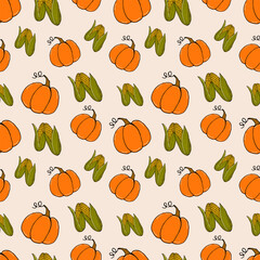 seamless pattern colored doodle vegetables pumpkins and corn on light - autumn background, vector illustration. For packaging, textiles, wallpapers, web design