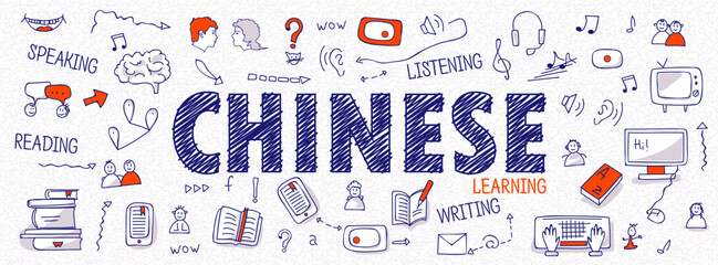 Header for websites about learning Chinese language with outline icons, symbols, signs on white background. Illustration of book, dictionary, vocabulary, speaking, reading, writing, listening skills