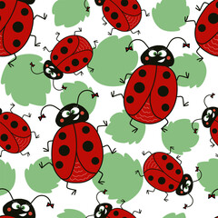 seamless pattern cartoon funny ladybug with bows and leaves on white background. Vector doodle illustration for packaging, wallpaper, textile