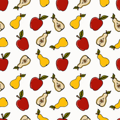 seamless pattern colored doodle fruits apples and pears on white - summer and autumn background, vector illustration. For packaging, textiles, wallpapers, web design