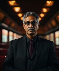 Obraz premium A businessman sitting in a train wearing a formal suit and tie