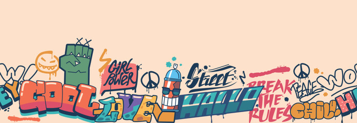 Dynamic Seamless Pattern Featuring Graffiti Elements Creatively Arranged, Horizontal Border with Painted Words