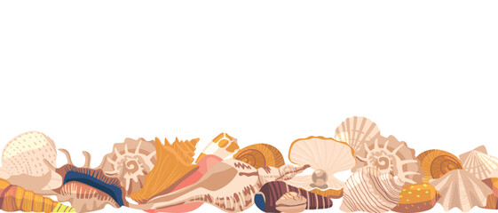 Seamless Pattern With Delicate Seashells In Varying Sizes And Colors, Horizontal Border or Frame, Vector Illustration