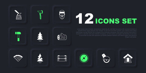 Set Electric circular saw, Dog house, Tree, Circular blade, Hammer, Wooden axe and box icon. Vector