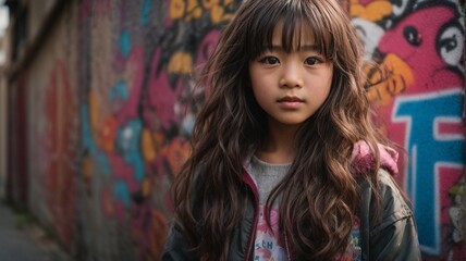 A young girl posing in front of vibrant graffiti art