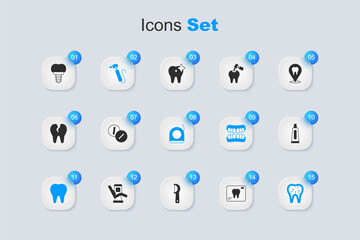 Set X-ray of tooth, Toothache painkiller tablet, drill, Broken, Tube toothpaste, Dental implant and floss icon. Vector