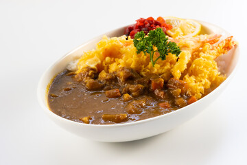  spicy curry Fried Chicken food in plate with rice. Japanese food on restaurant table