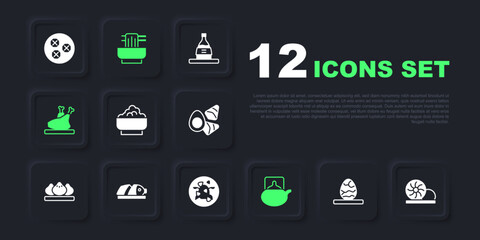 Set Chinese tea egg, Xiao long bao, Rice bowl, Traditional ceremony, Roasted turkey or chicken, Fish with sliced pieces, Asian noodles and Kung Pao icon. Vector