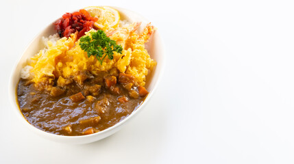  spicy curry Fried Chicken food in plate with rice. Japanese food on restaurant table