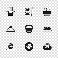 Set Dumpling, Sushi, Soy sauce bowl, Ramen soup, Asian noodles paper box, with chopsticks and Rice icon. Vector