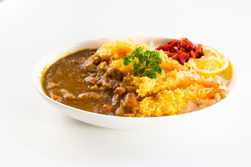  spicy curry Fried Chicken food in plate with rice. Japanese food on restaurant table