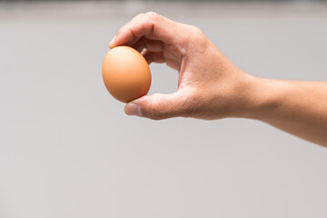 Close up male right hand holding chicken egg for prepare cooking isolate on white background.Hand holding organic produced eggs.
