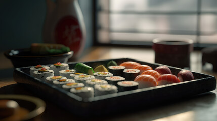 Appetizing sushi set on ceramic tray.