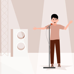 Musical concert. A teenager stands on a star with a microphone and sings on a brown stage.