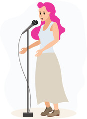 Musical concert. Girl with long pink hair and microphone sings in a karaoke club or recording studio.