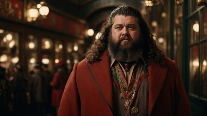 Obraz premium A bearded man in a vibrant red coat with long flowing hair