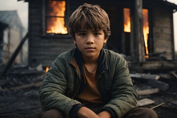 A young boy in front of a burning house