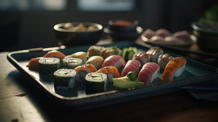 Appetizing sushi set on ceramic tray.