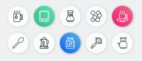 Set line Coffee jar bottle, cup, Teaspoon, filter holder, Sugar cubes, Pour over coffee maker, Kettle with handle and Electric kettle icon. Vector