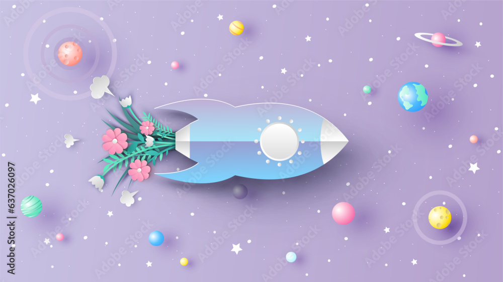 Poster spring spaceship is traveling into the cosmos. spaceship with flowers. paper cut and craft style. ve
