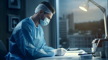 close-up of adoctor with medical mask in the laboratory, laboratory worker - obrazy, fototapety, plakaty