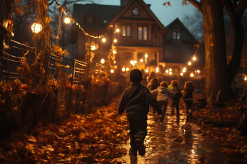 Children walking along a suburban street on Halloween evening to grab lots of sweets, avenue lit up with lights and pumpkins and lots of dry leaves. Seen from behind.