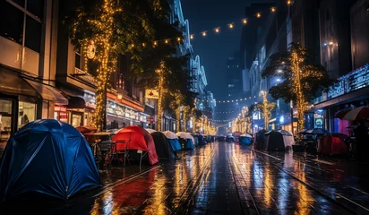 Deurstickers Urban Homelessness: Row of Tents on San Francisco Streets © Patrick Ziegler