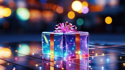 Fototapeta premium Christmas background with festive gift box. holiday gift box. Festive New Year template for postcard and banner design. greeting card generative ai