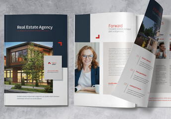 Business Brochure for Real Estate Company with Blue, Red and Beige Accents
