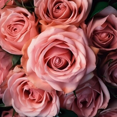 Naklejka premium Background image of pink roses. Top view of rose flowers. Flowers wall background, wedding decoration.