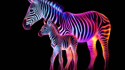 Rainbow mom zebra and baby zebra Ai generated