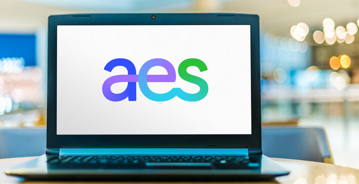 Laptop computer displaying logo of The AES Corporation