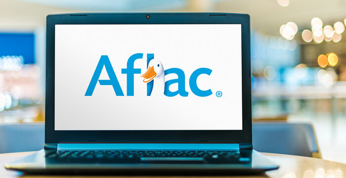 Laptop computer displaying logo of Aflac