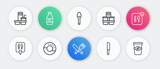 Set line Crossed knife and fork, Food ordering, Cafe restaurant location, Knife, Coffee cup to go, Spoon, and Donut icon. Vector