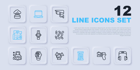 Set line Futuristic weapon, Headphones, Wrist watch, Cryogenic capsules, sliding doors, Smart glasses spectacles, Laptop and Earth with exclamation mark icon. Vector