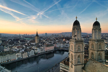 Sunset in Switzerland, City of Z&uuml;rich landscape. 