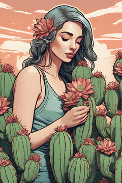 Girl with cactus. Portrait of a woman with cactus flowers. Girl with flowers in hair