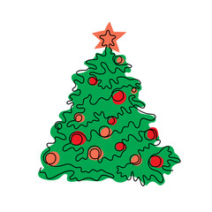 Christmas tree continuous line colourful vector illustration