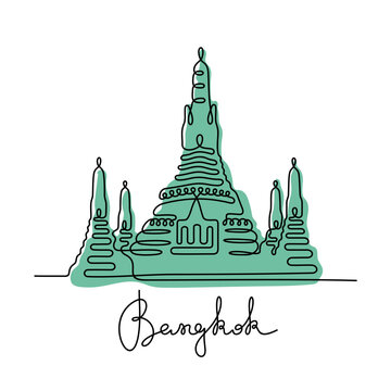 recommend clip art: Wat Arun, Bangkok. Continuous line colourful vector illustration.