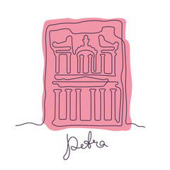 Al-Khazneh, Petra, Jordan. Continuous line colourful vector illustration.