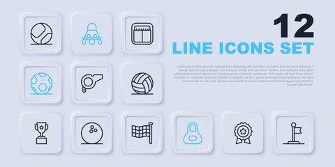Set line Medal with star, Flag, Whistle, Weight, Soccer football ball, Bowling, Badminton shuttlecock and Checkered flag icon. Vector