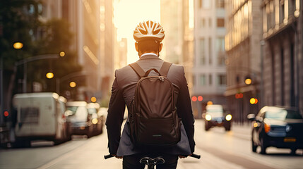 Businessman wearing helmet biking with bicycle on road in city to work. AI Generative