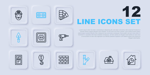 Set line House, with wrench spanner, Electrical outlet, Industry metallic pipe, Trowel, Crane hook, and Bricks icon. Vector
