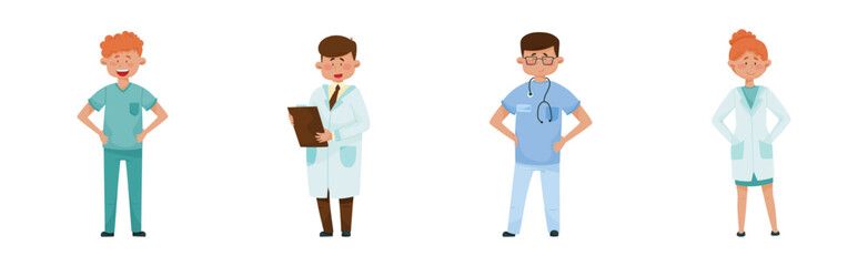 Fototapeta premium Man and Woman Doctor Character Standing and Smiling Vector Set